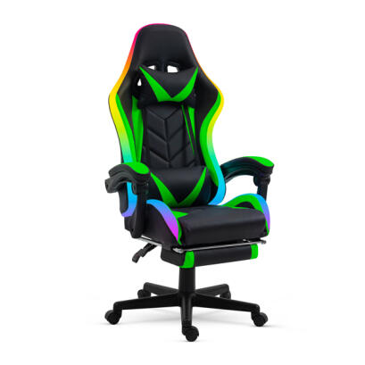 Scaun Gamer cu LED RGB - cu Perna, Cotiere - Negru/Verde