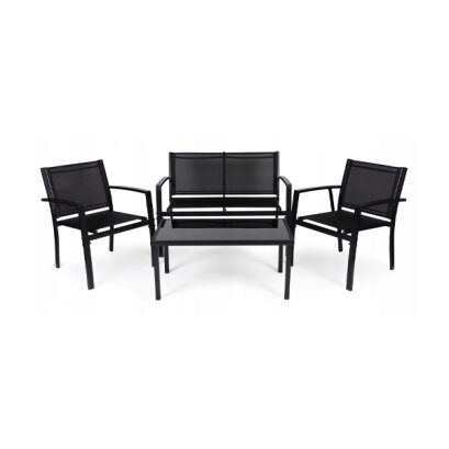 Set Mobilier de Gradina cu Cadru Metalic Gordon - Masuta de Cafea + Banca + 2 Scaune - Negru