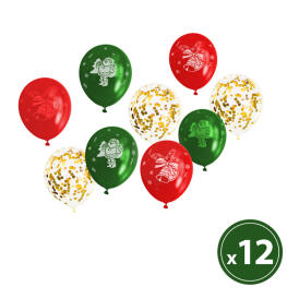 Set Baloane - Rosu, Verde, Auriu, cu Motive de Craciun - 12 buc / pachet
