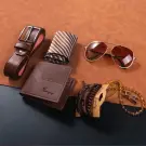 Set Cadou pentru Barbari - Portofel Maro, Curea, Ochelari de Soare, Bratari si Cravata