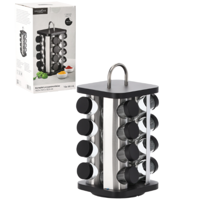 Suport rotativ pentru condimente, cu mâner - 16,5 x 16,5 x 33,5 cm, 16 recipiente, negru-argintiu