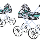 Cărucior pliabil cu roți mari, cu model turcoaz și zebră