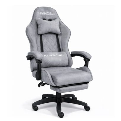 Scaun gaming din catifea cu suport pentru picioare, ergonomic, reglabil, cu cadru metalic – Gri