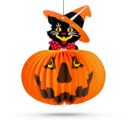 Lampion Dovleac de Halloween - cu Pisica - suspendabil - 26 cm