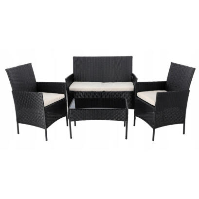 Set Mobilier de Gradina cu Efect Ratan GardenLine - Masa + Banca + 2 Scaune - Negru + Crem